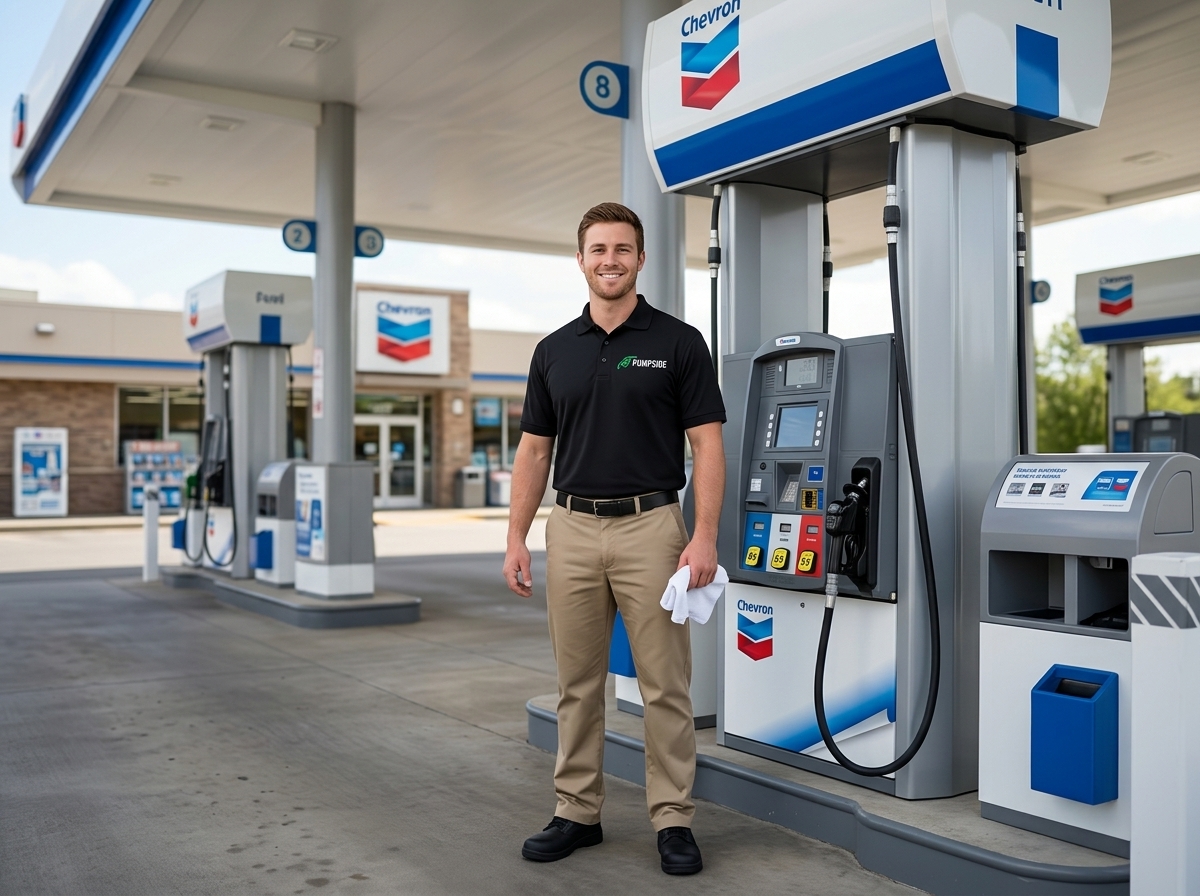 Pumpside attendant standing at a Chevron pump