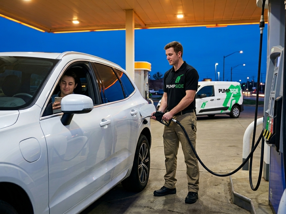 Pumpside attendant pumping gas at twilight