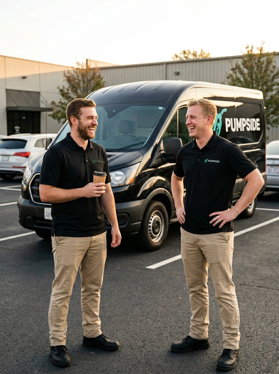Two Pumpside attendants on a coffee break in front of a branded van