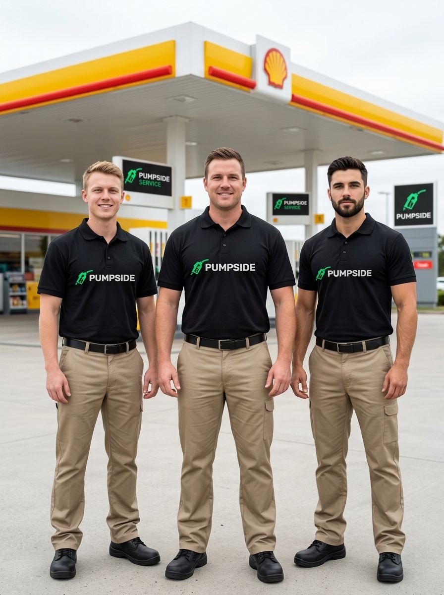 Three Pumpside attendants in branded polos at a partner gas station
