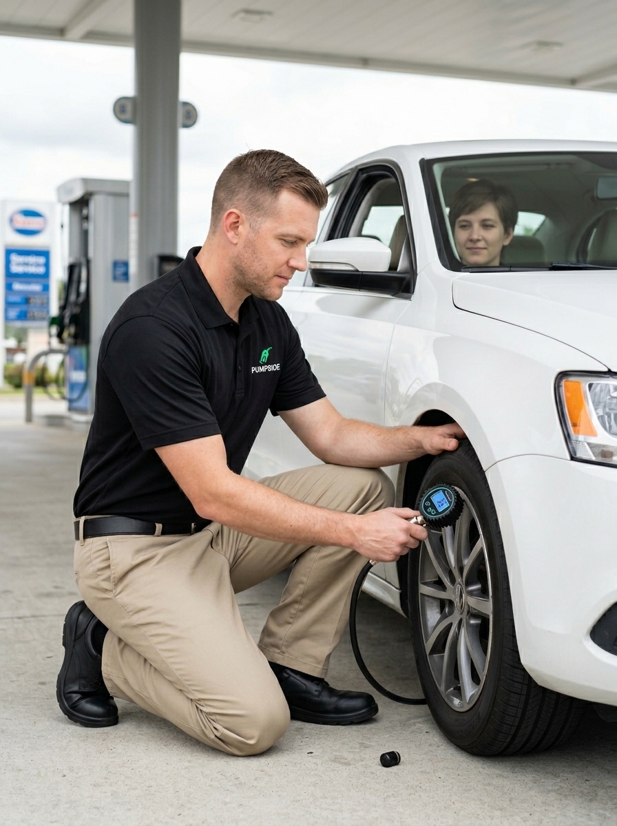 Pumpside attendant checking tire pressure