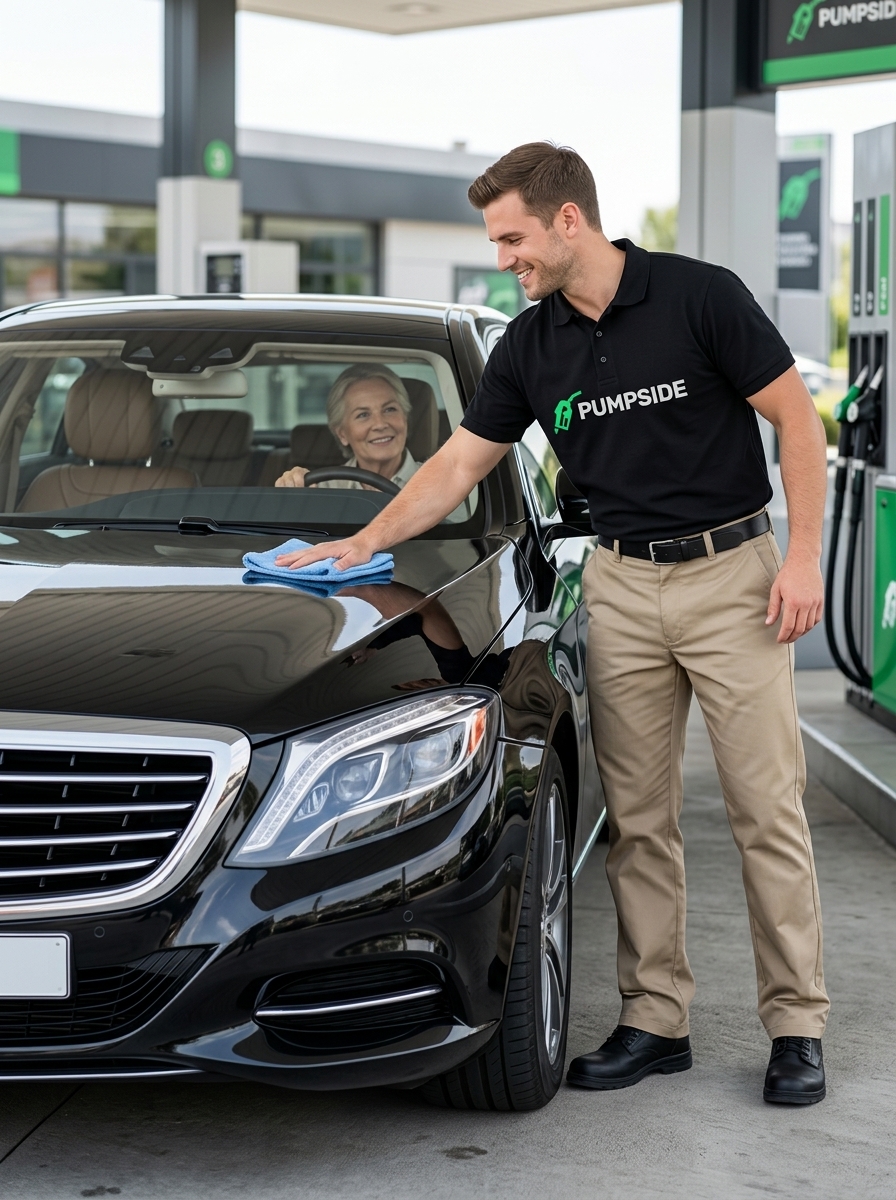 Pumpside attendant cleaning a windshield for an elderly customer